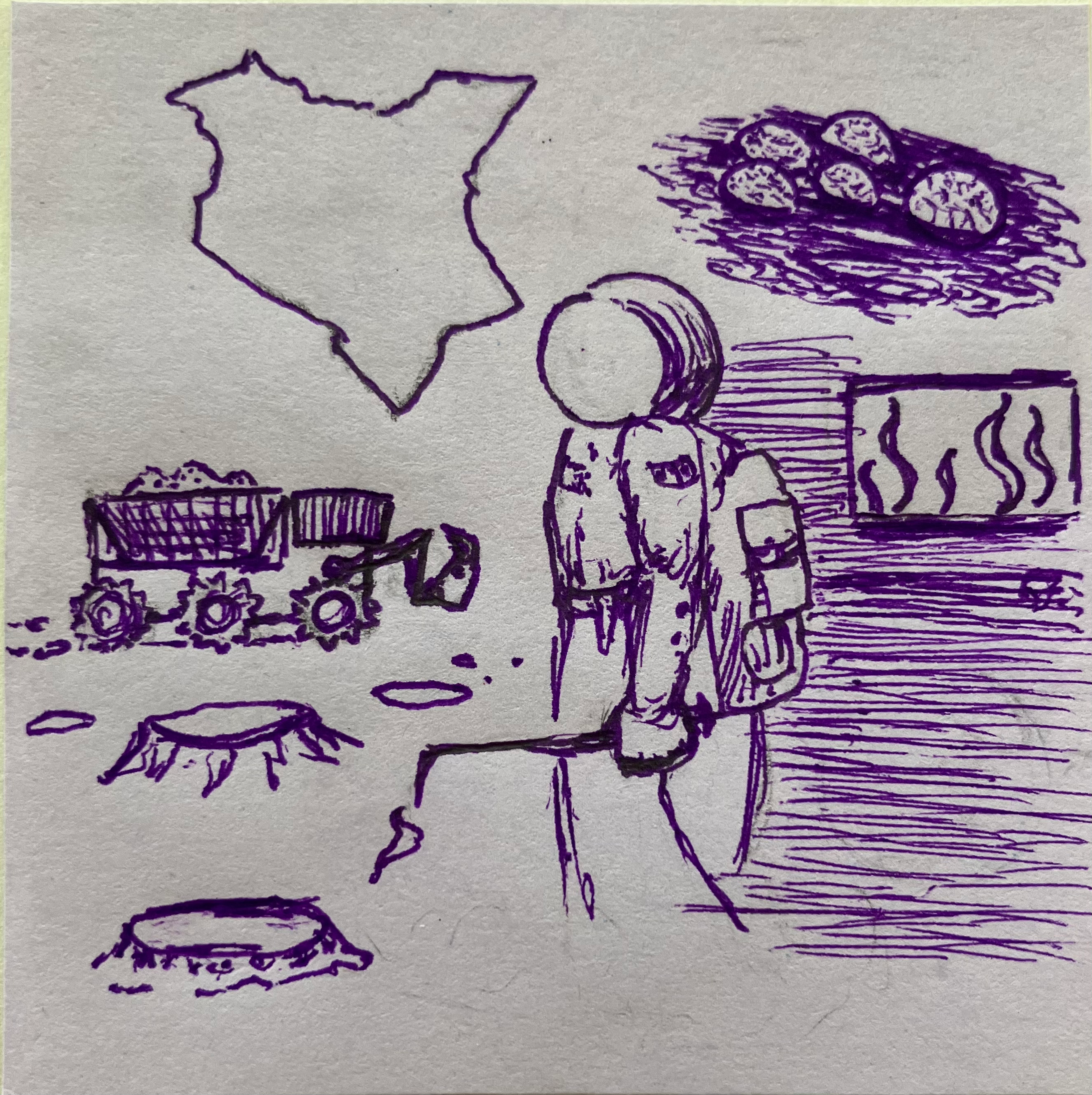 Stickynote drawing with a person in a EVA suit, outline of Kenya, harvester machine, and seaweed tank