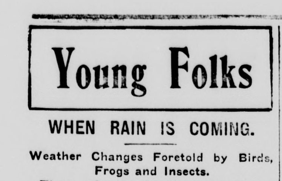 Headline reads: Young Folks, When Rain is Coming. Weather Changes Foretold by Birds, Frogs, and Insects